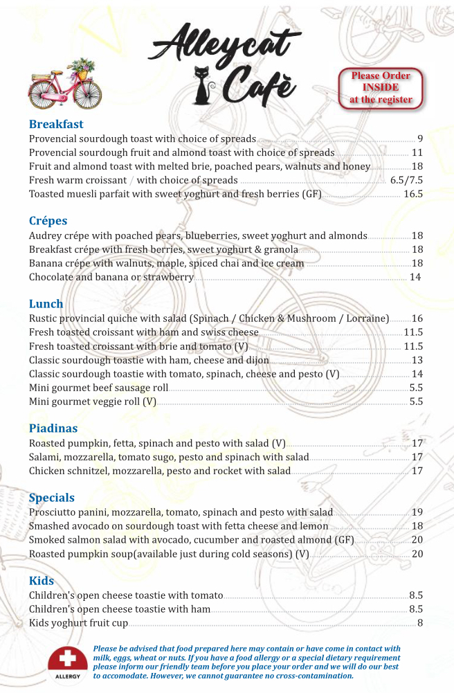 Alleycat Cafe menu board