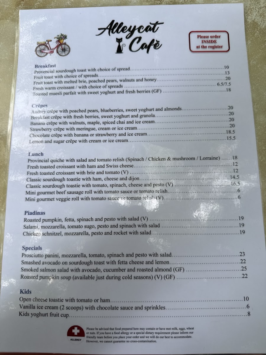Alleycat Cafe menu board