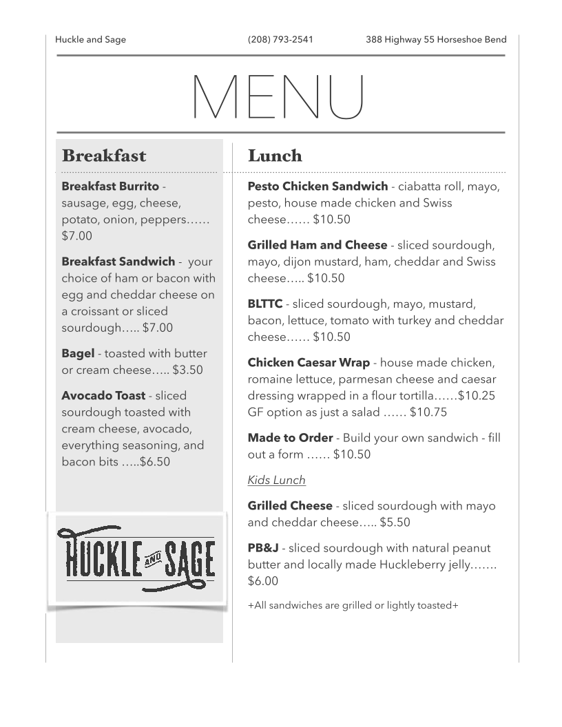 Huckle and Sage menu board