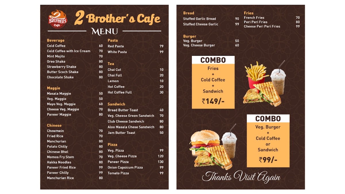 2 brother's cafe and game zone menu board