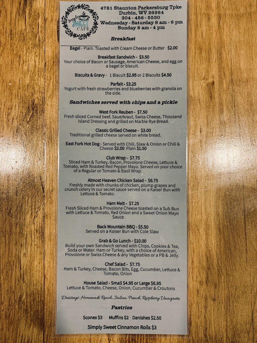 SIMPLY SWEET CAFE menu board
