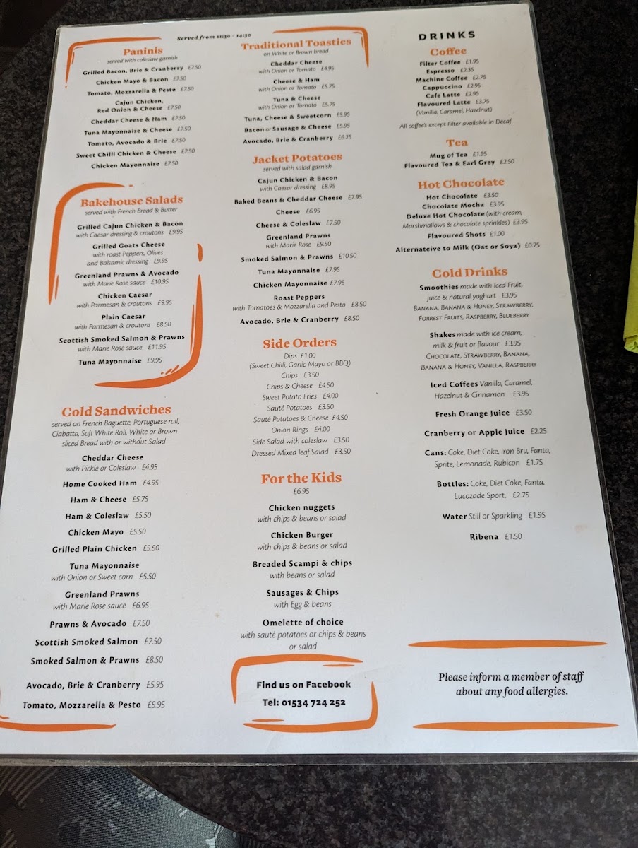 The Old Bakehouse Cafe menu board