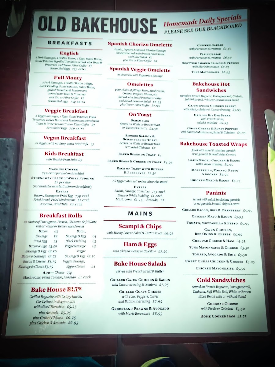The Old Bakehouse Cafe menu board