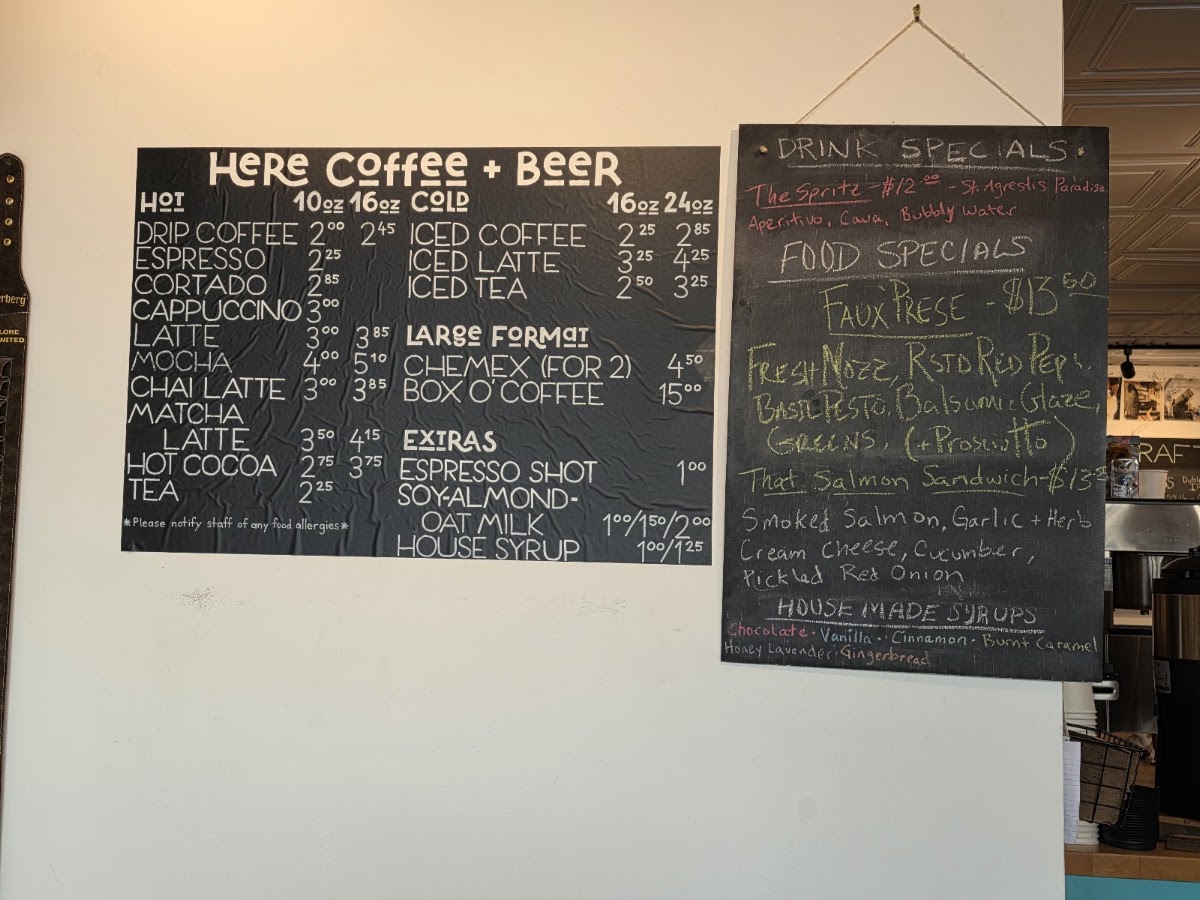 Here Coffee Beer menu board