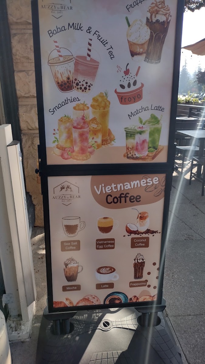 Auzzy the Bear Cafe, Boba Milk Tea, Frozen Yogurt & Smoothie Bar menu board