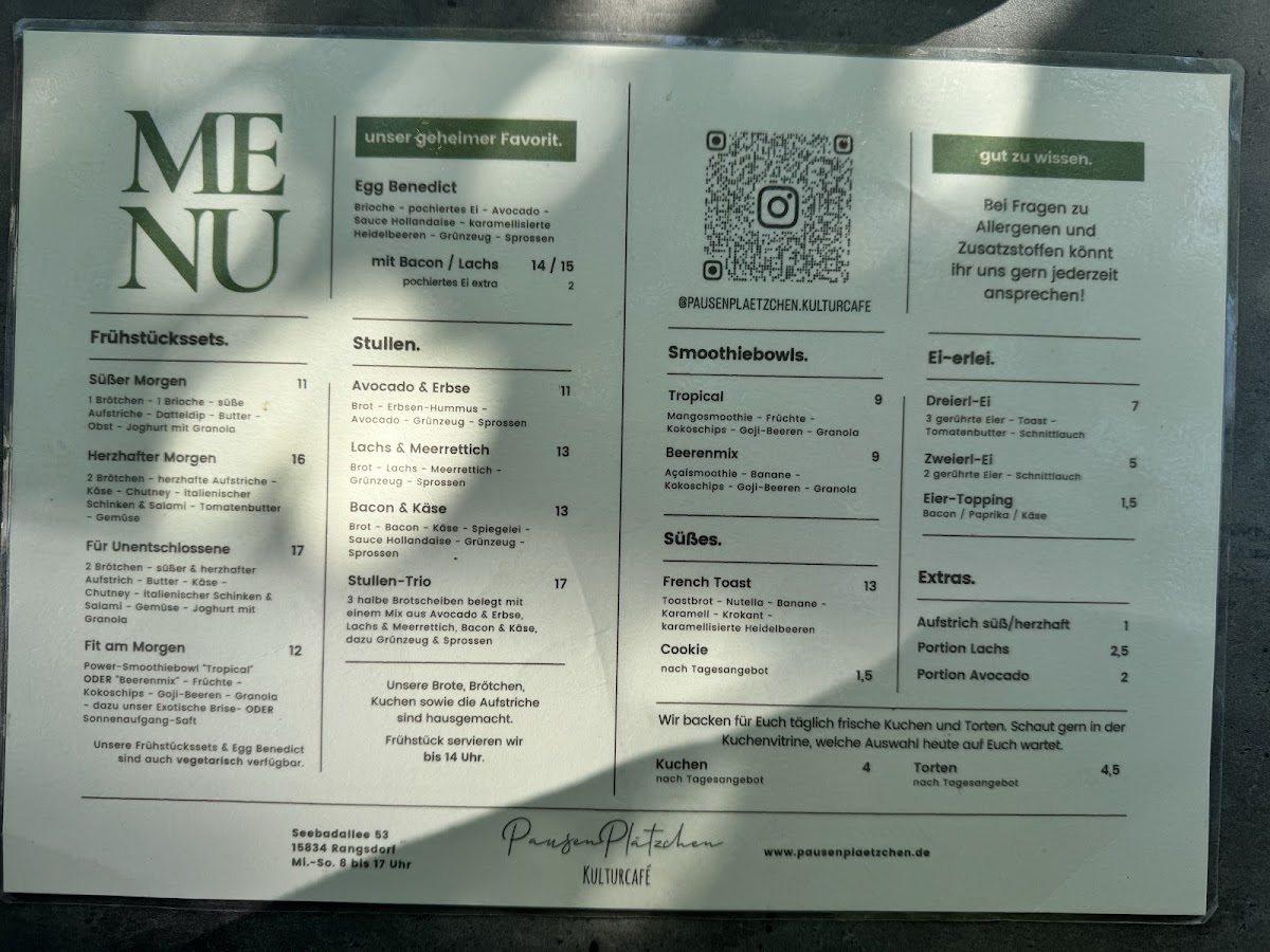 PausenPlätzchen Kulturcafé menu board