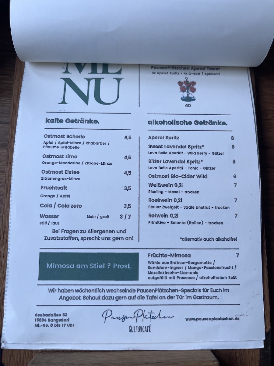 PausenPlätzchen Kulturcafé menu board