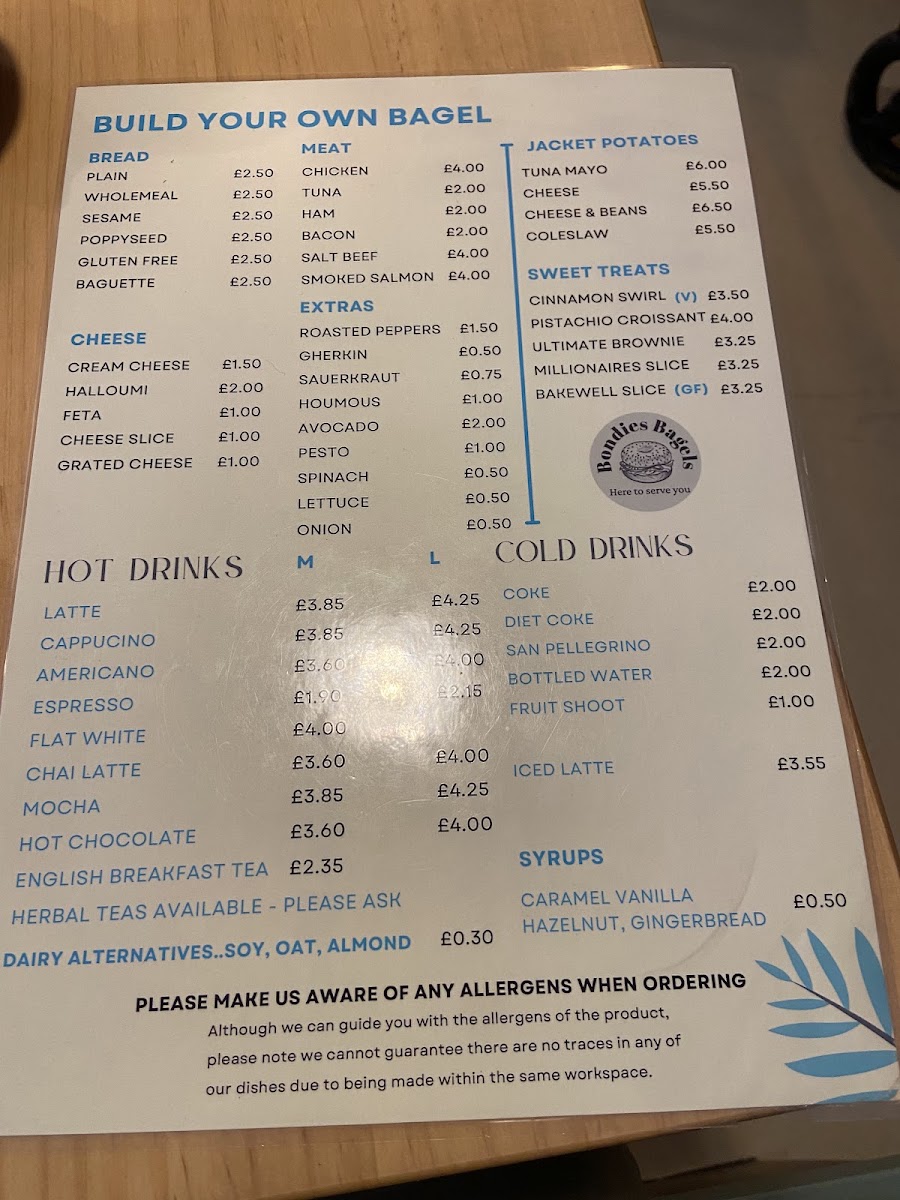 Bondies Bagels menu board