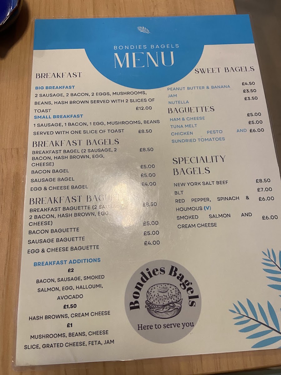 Bondies Bagels menu board