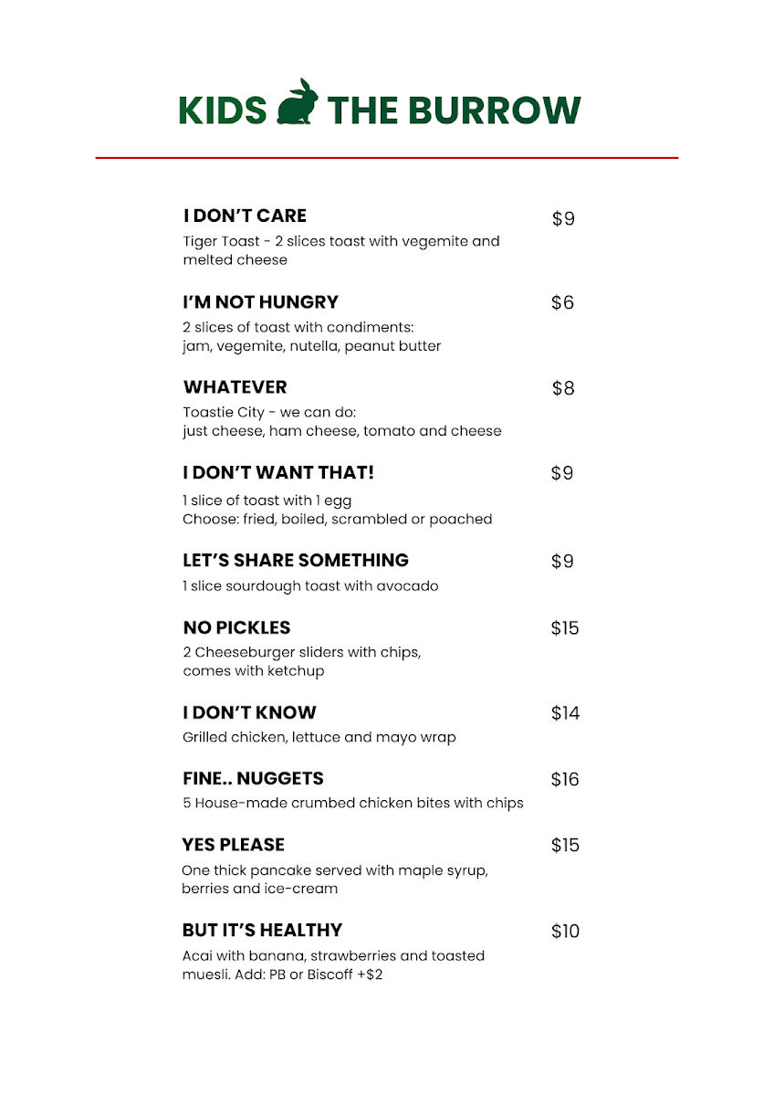 The Burrow Cafe menu board