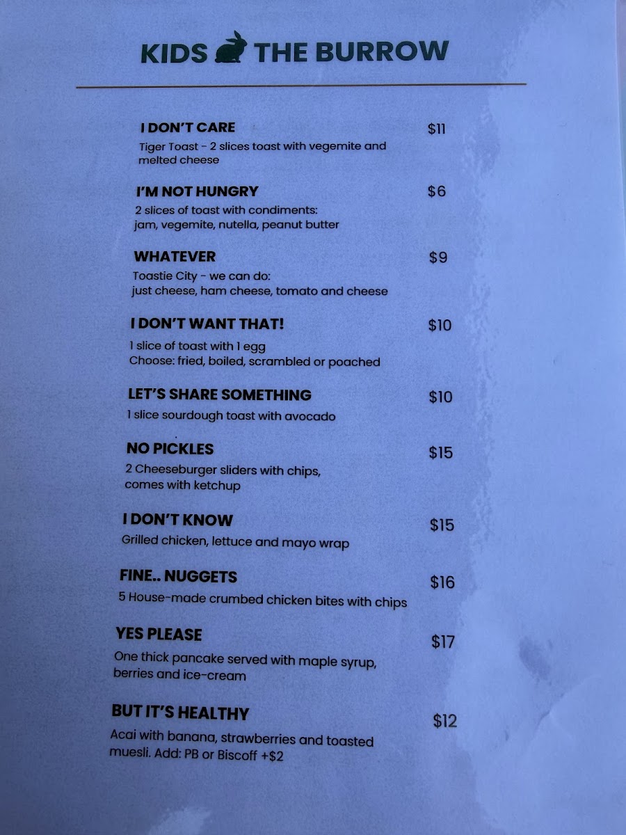 The Burrow Cafe menu board