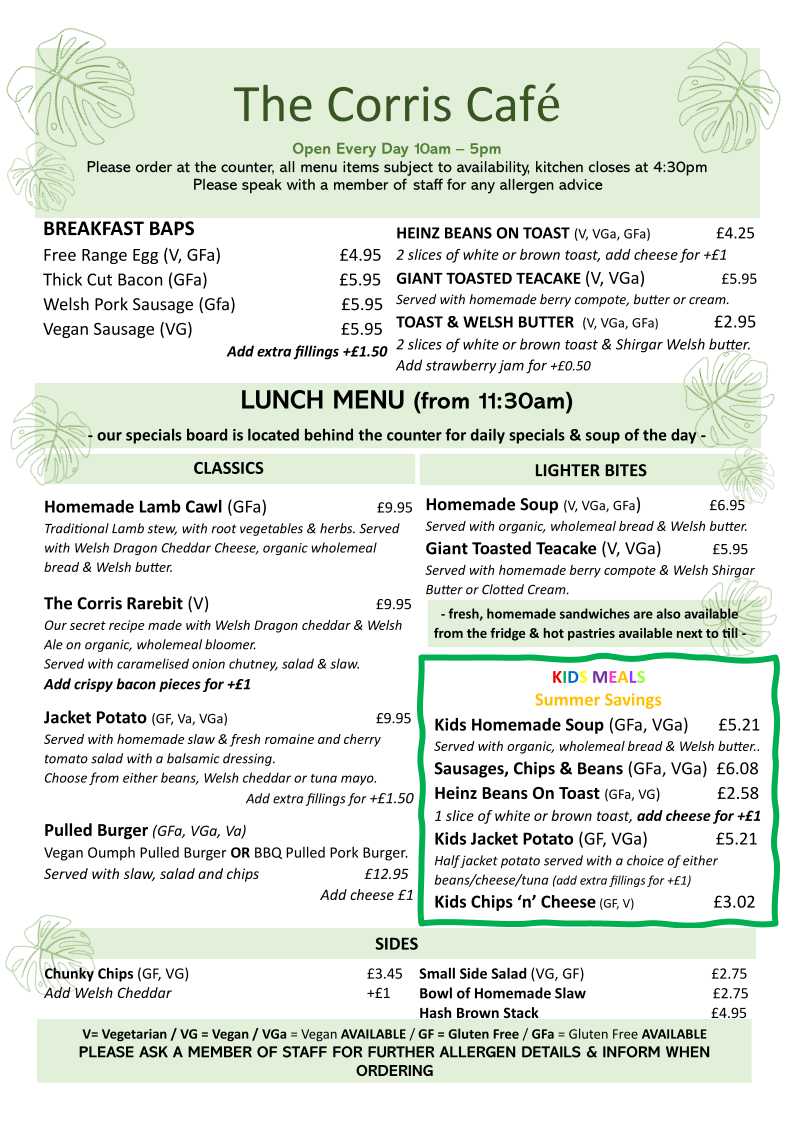 The Corris Café and Deli menu board