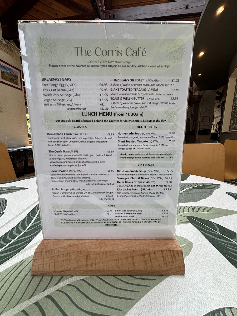 The Corris Café and Deli menu board