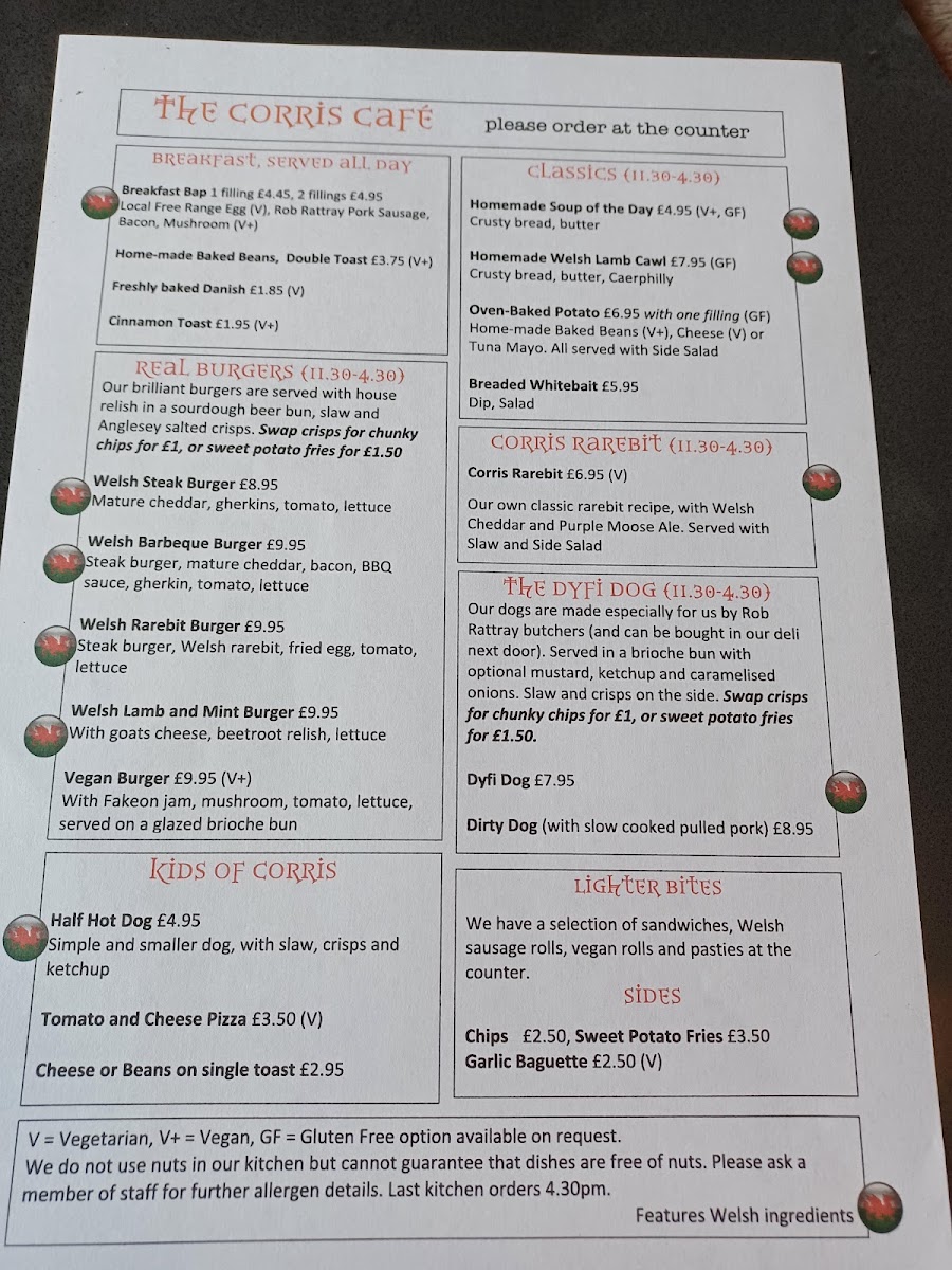 The Corris Café and Deli menu board