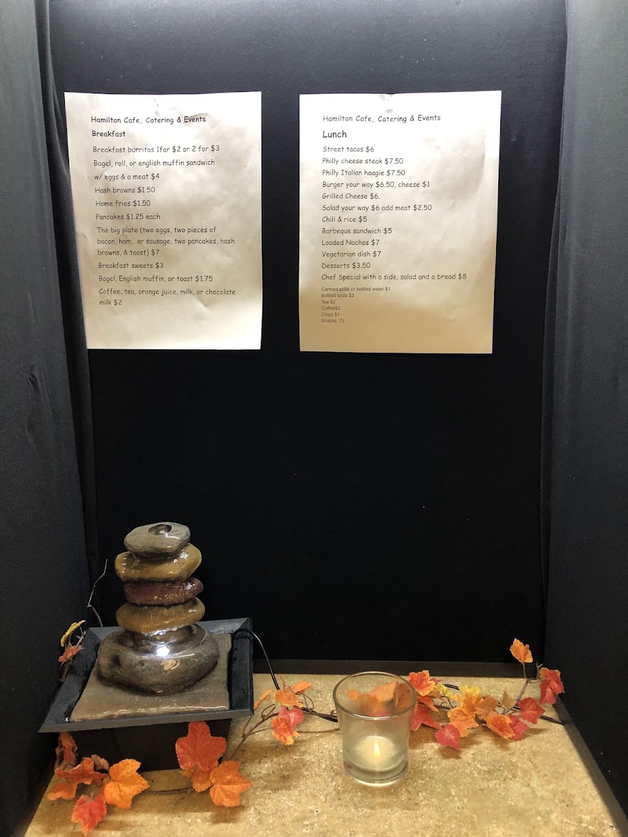 Hamilton Cafe, Catering, & Event Services menu board