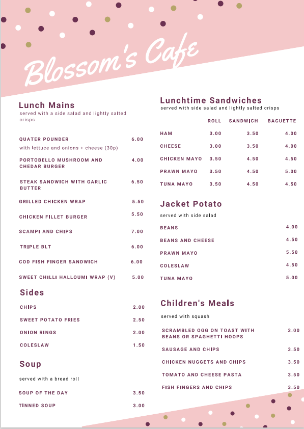 Blossom's Cafe menu board