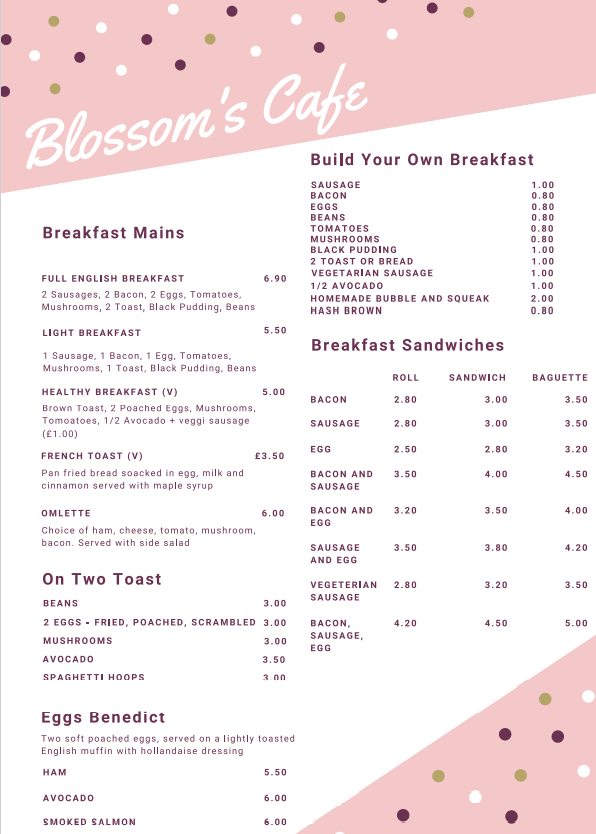 Blossom's Cafe menu board