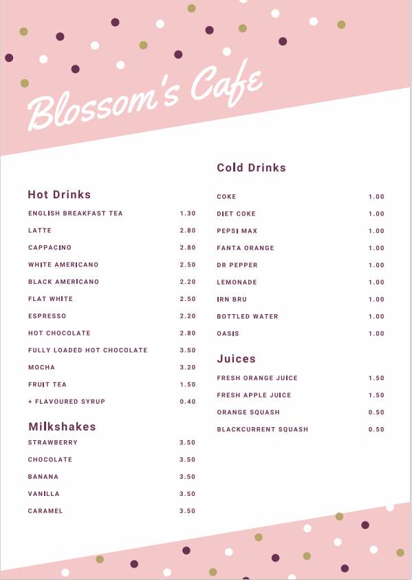 Blossom's Cafe menu board