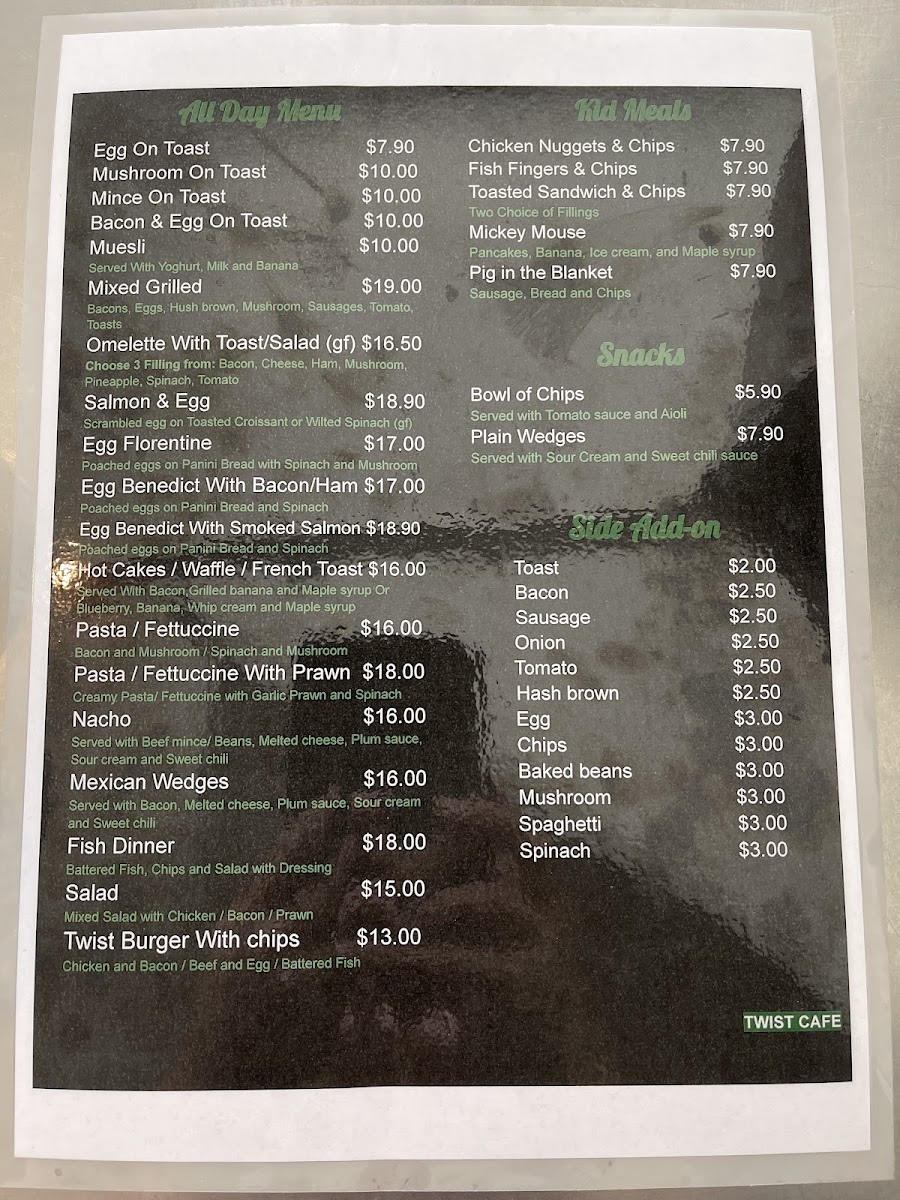 Twist Cafe Lower Hutt menu board