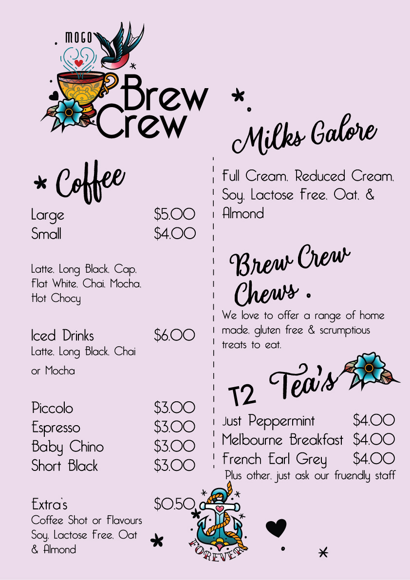 Mogo Brew Crew menu board