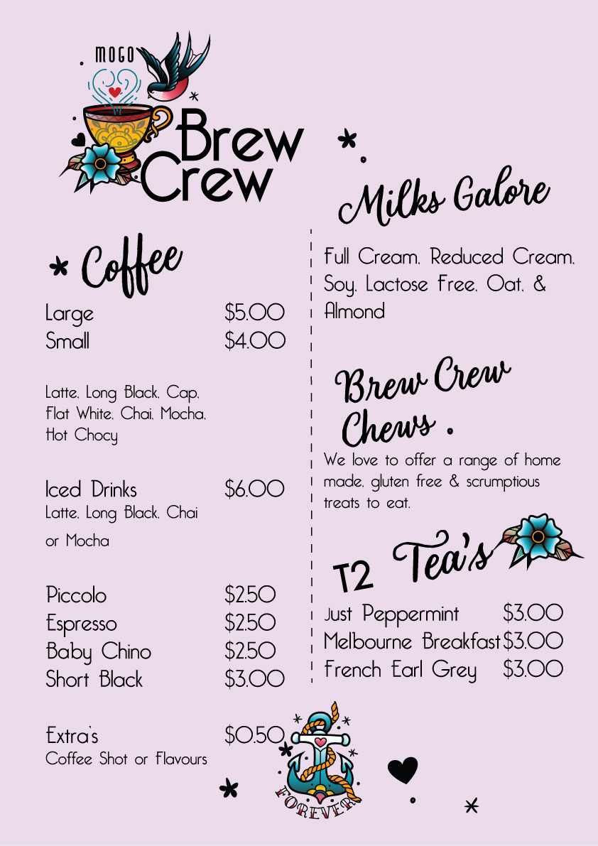Mogo Brew Crew menu board
