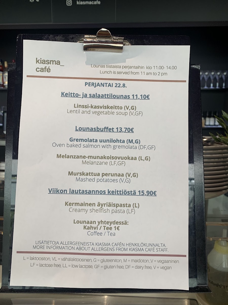 Kiasma Café menu board