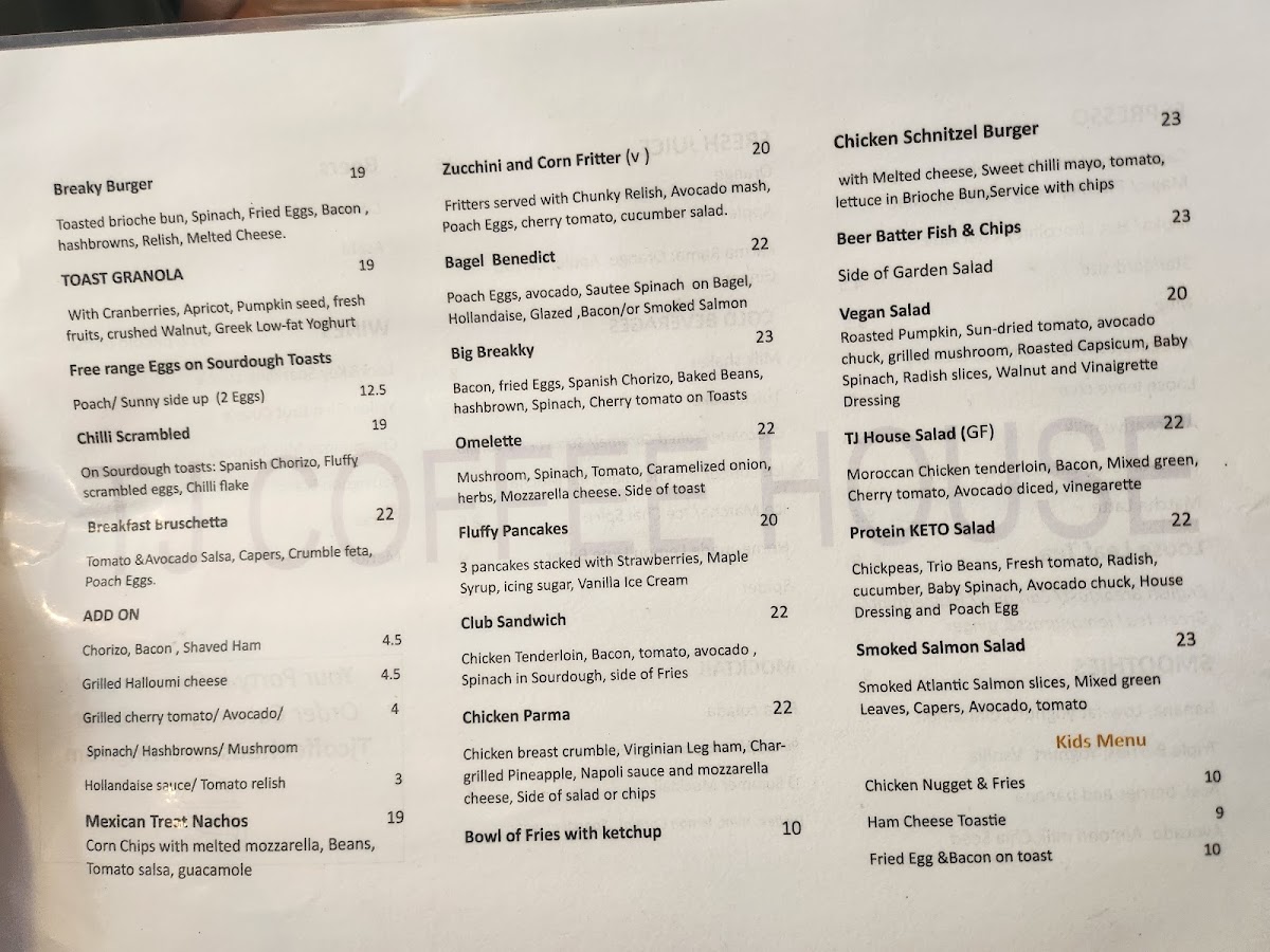 TJ Coffee House menu board