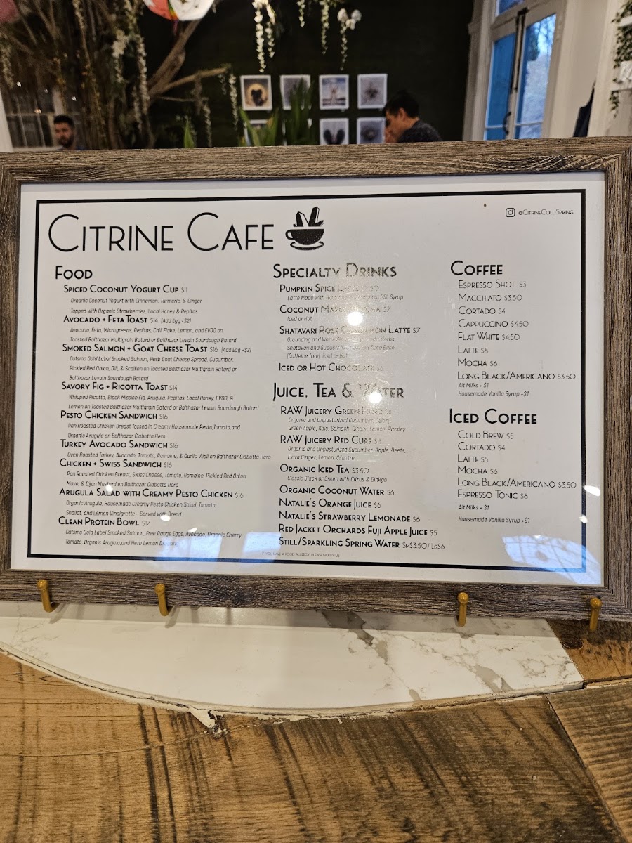 Citrine Cafe menu board