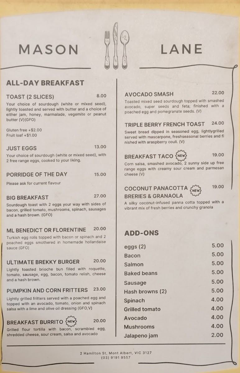 Mason Lane Café menu board