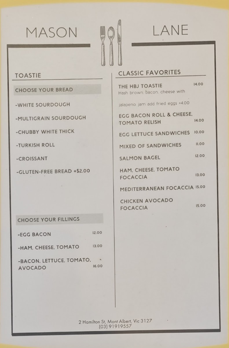 Mason Lane Café menu board
