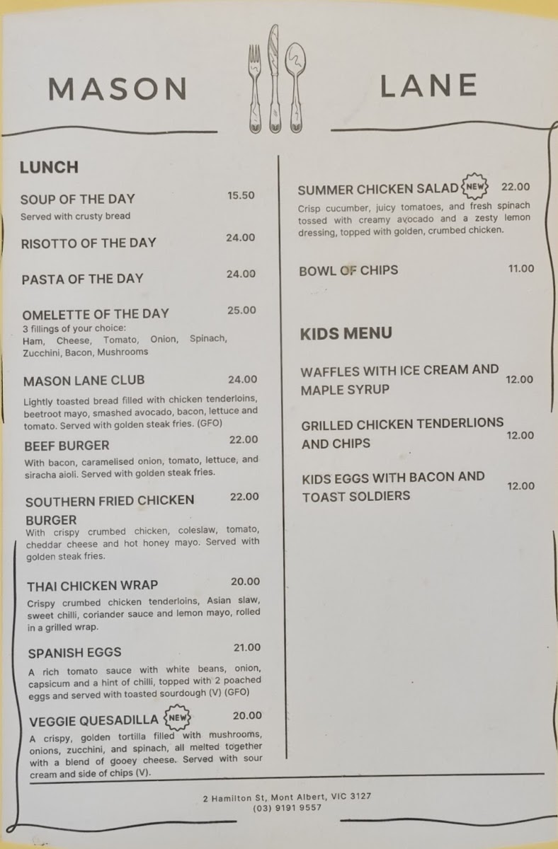 Mason Lane Café menu board