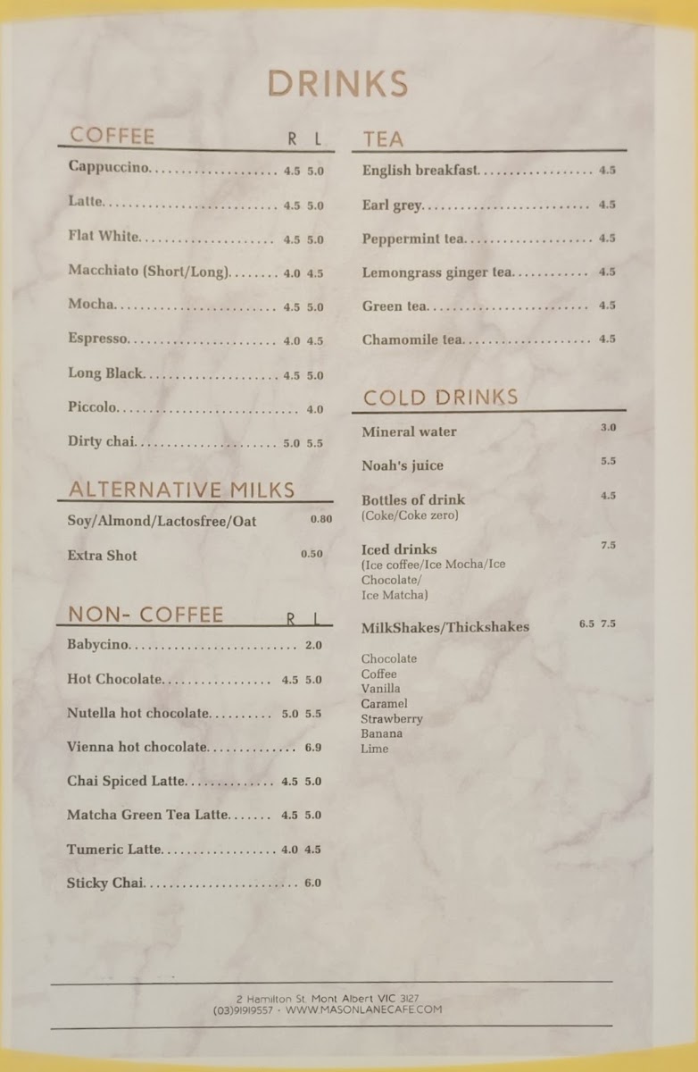 Mason Lane Café menu board