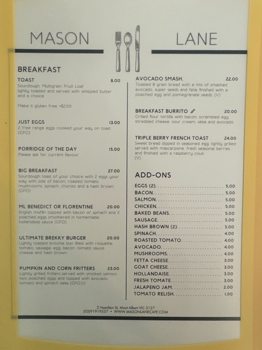 Mason Lane Café menu board