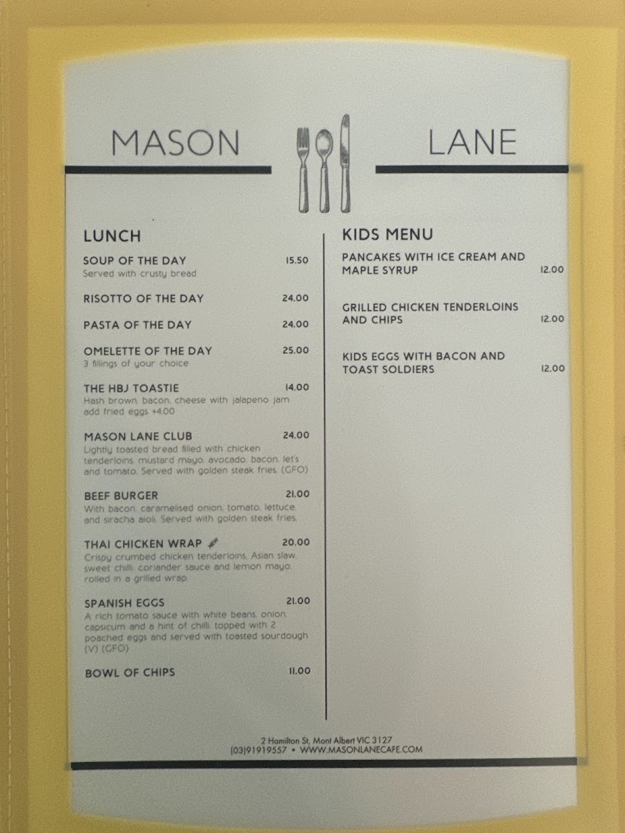 Mason Lane Café menu board