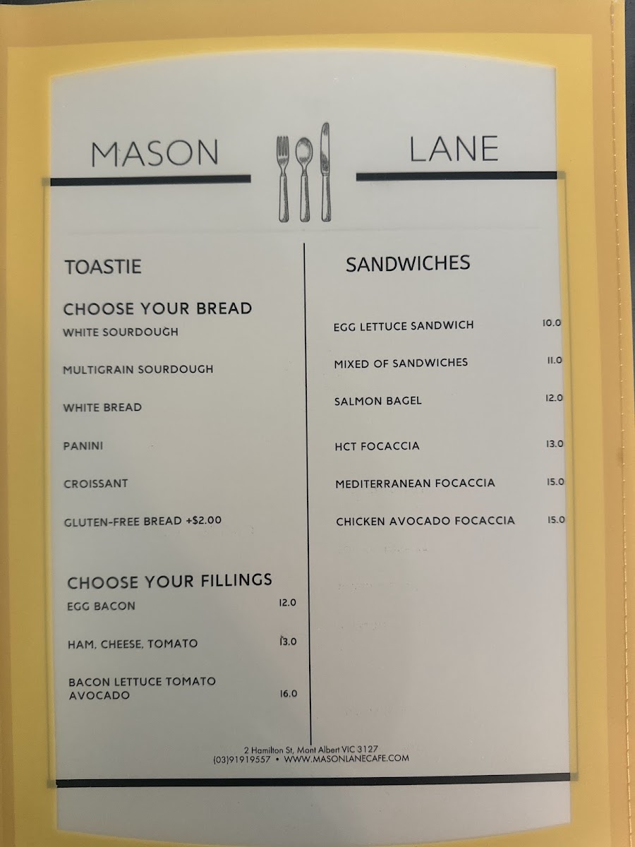 Mason Lane Café menu board