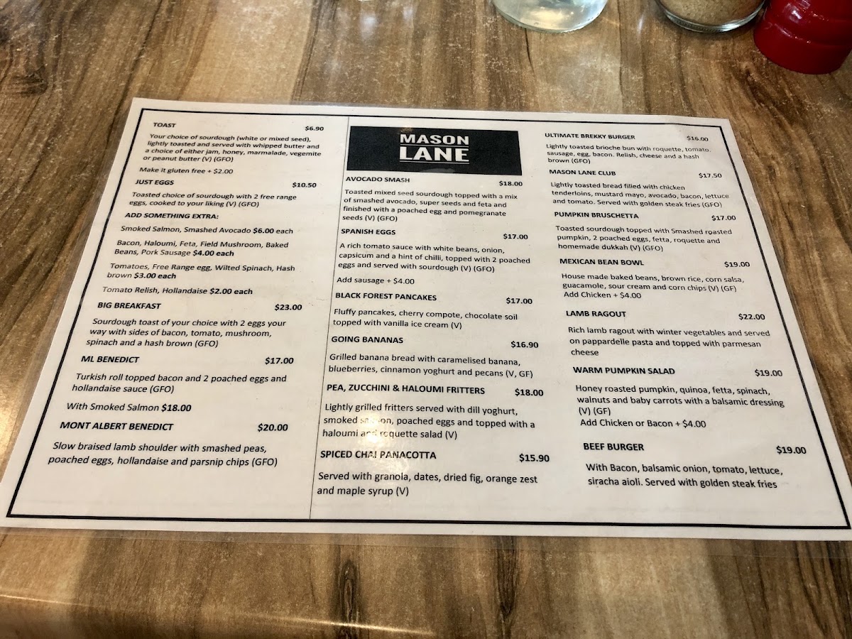 Mason Lane Café menu board