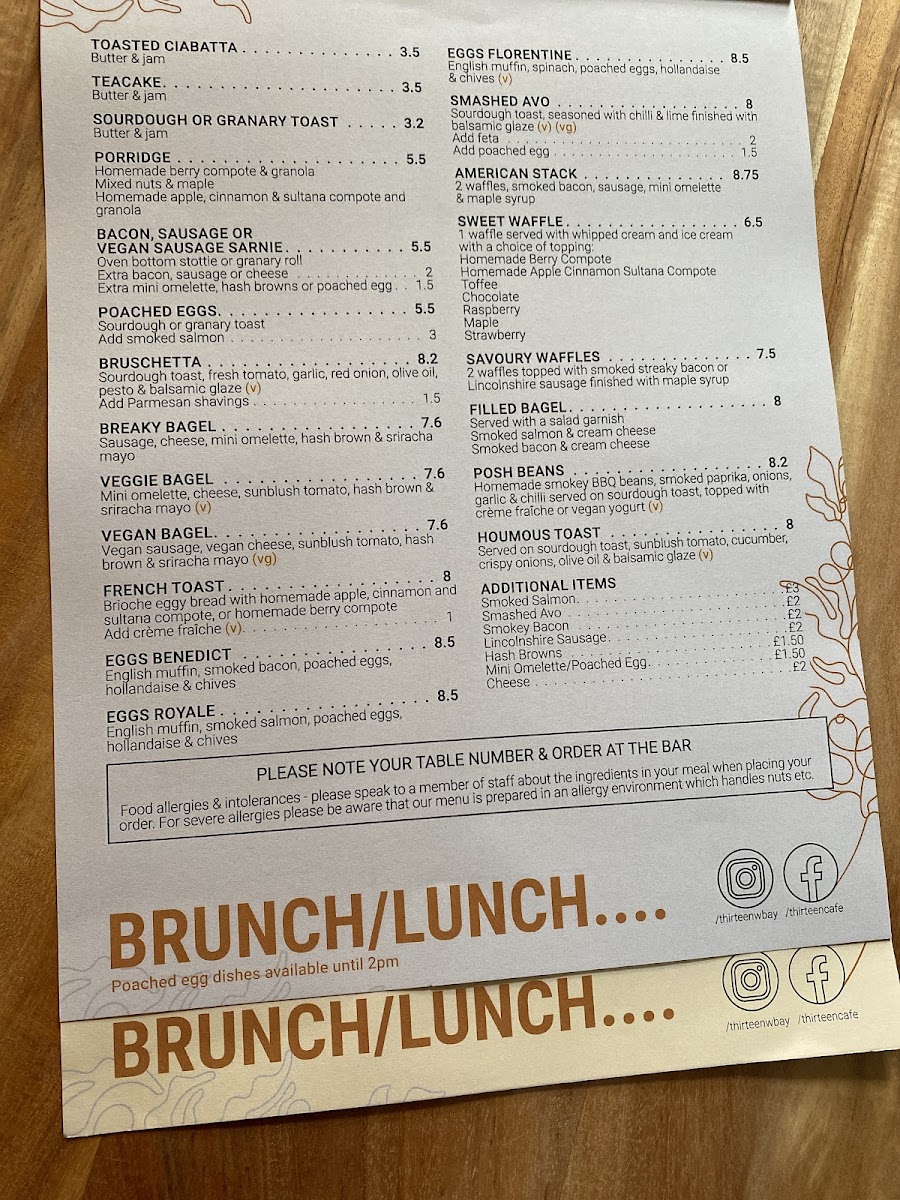 Thirteen Whitley Bay menu board