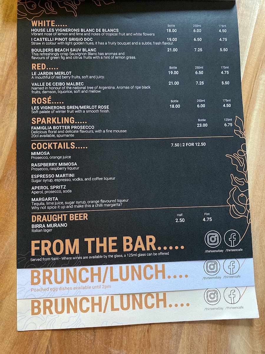 Thirteen Whitley Bay menu board