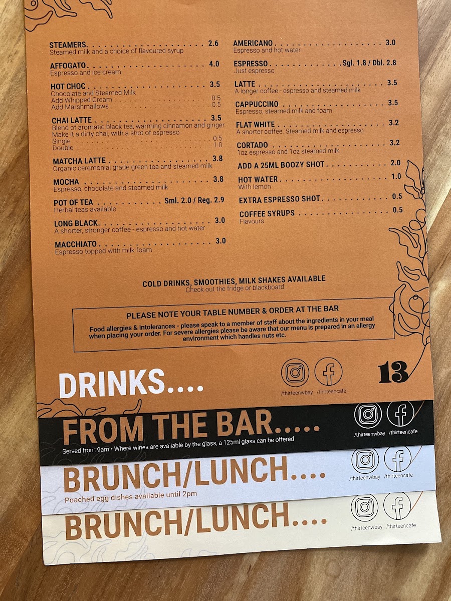 Thirteen Whitley Bay menu board