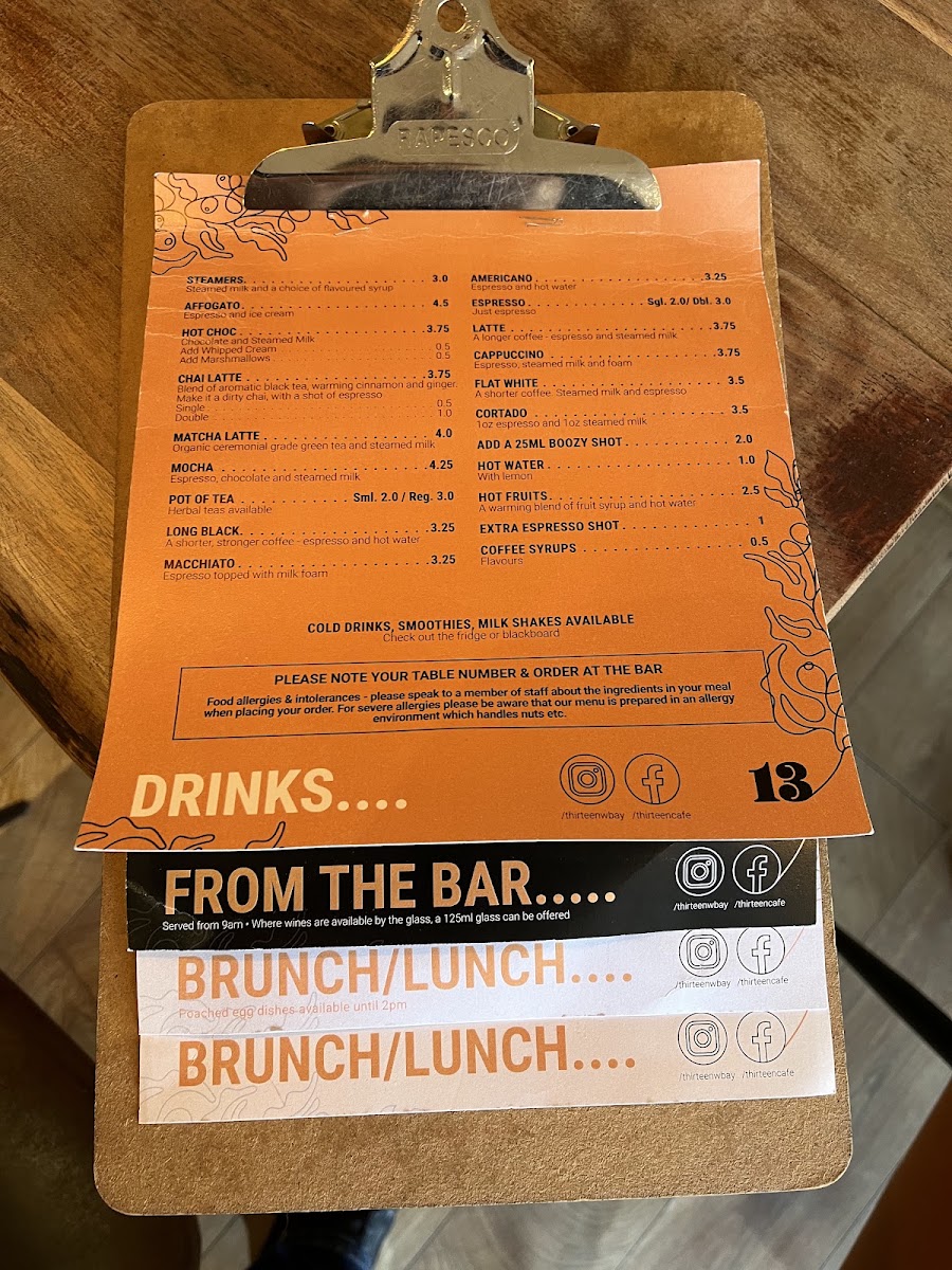 Thirteen Whitley Bay menu board