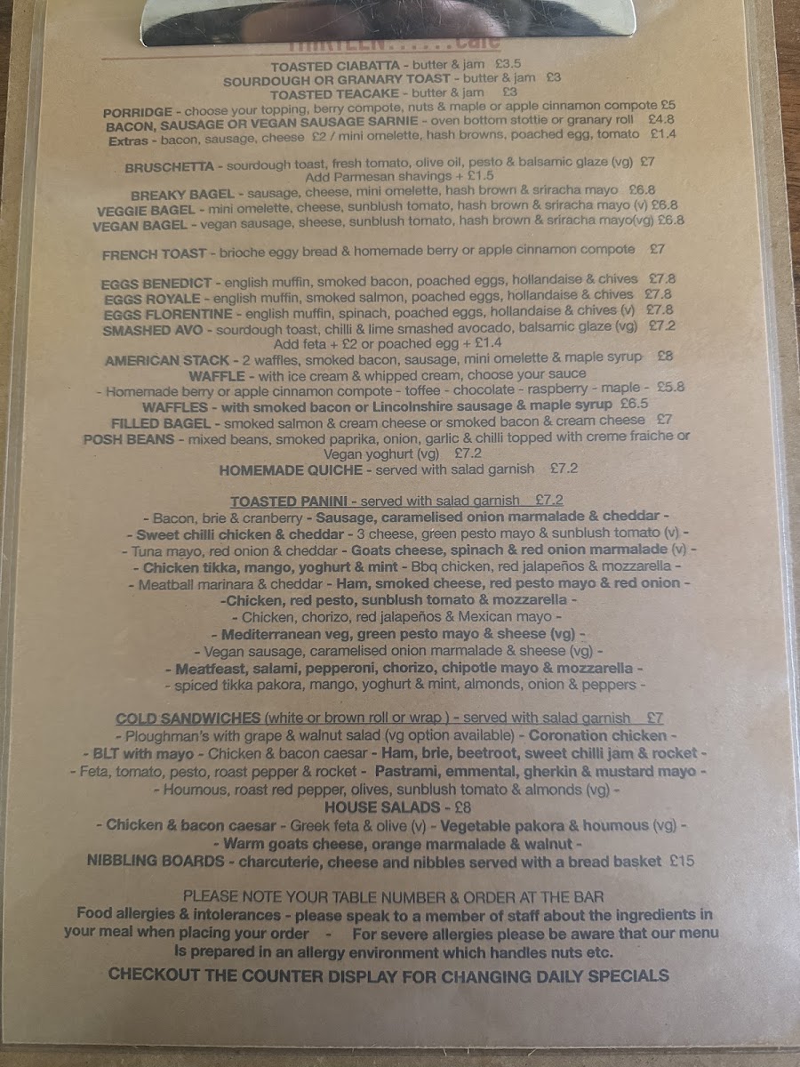 Thirteen Whitley Bay menu board