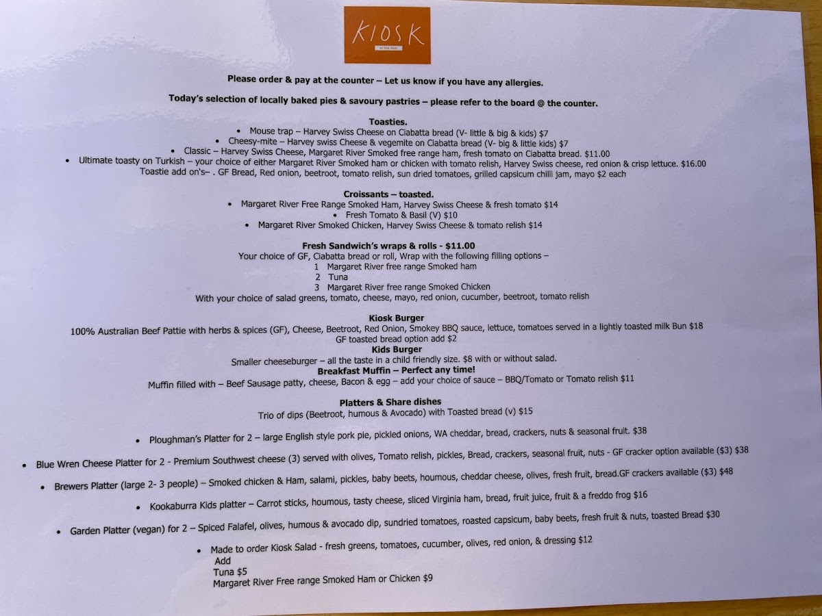 Kiosk at the Dam- Licenced Cafe menu board