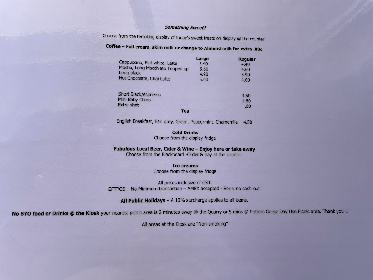 Kiosk at the Dam- Licenced Cafe menu board