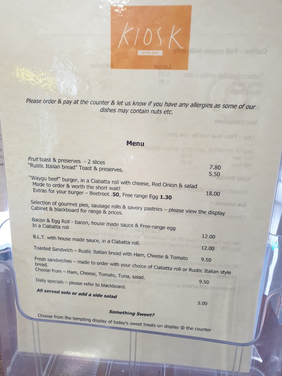 Kiosk at the Dam- Licenced Cafe menu board