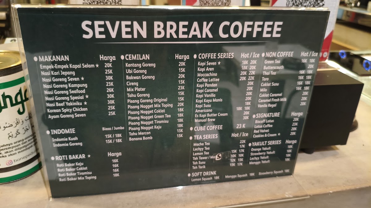 Seven Coffe Break menu board