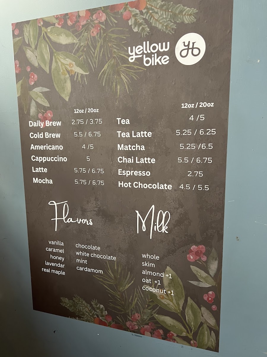 Yellow Bike Coffee Fitgers menu board