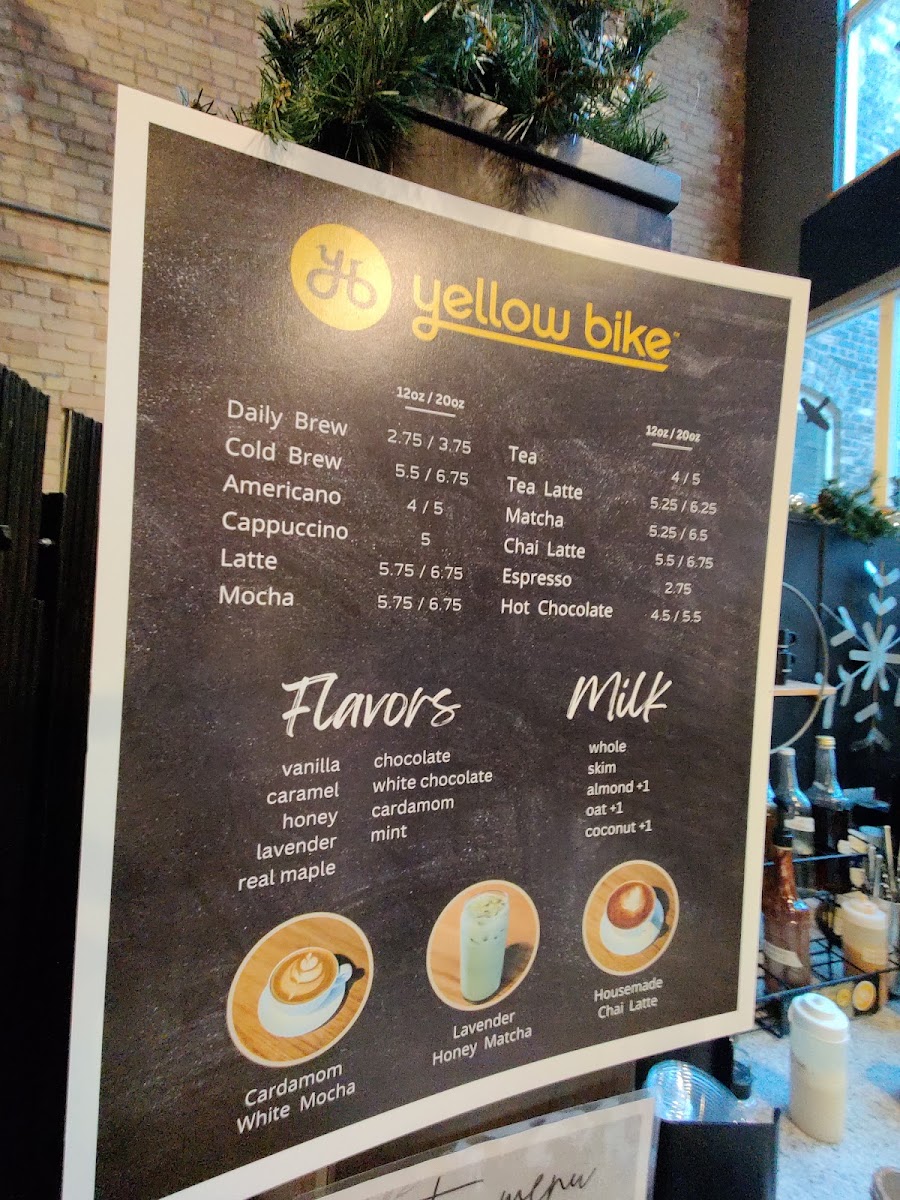 Yellow Bike Coffee Fitgers menu board