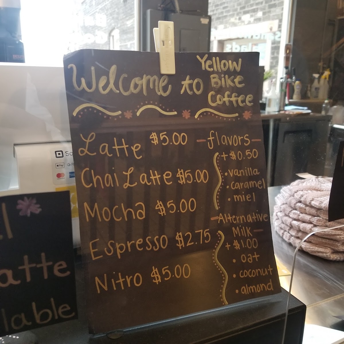Yellow Bike Coffee Fitgers menu board