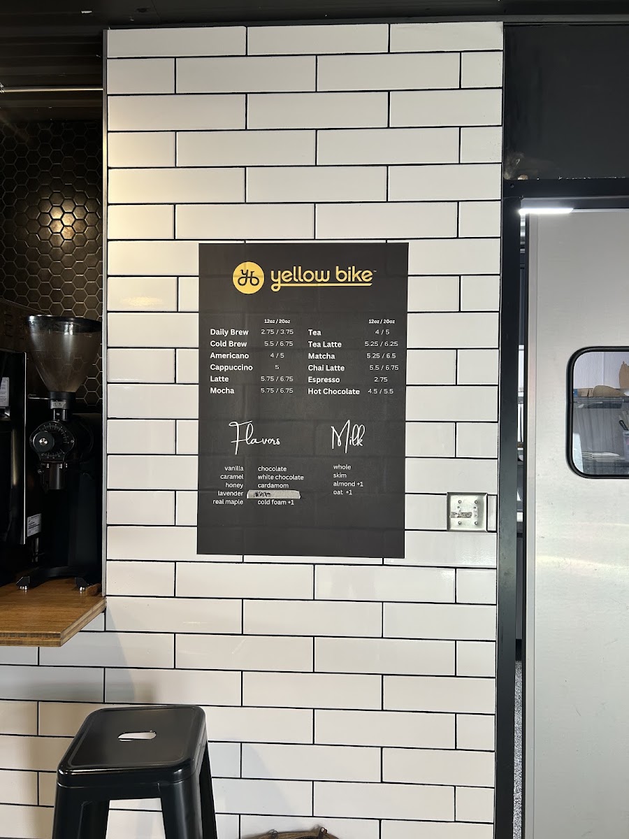 Yellow Bike Coffee Fitgers menu board
