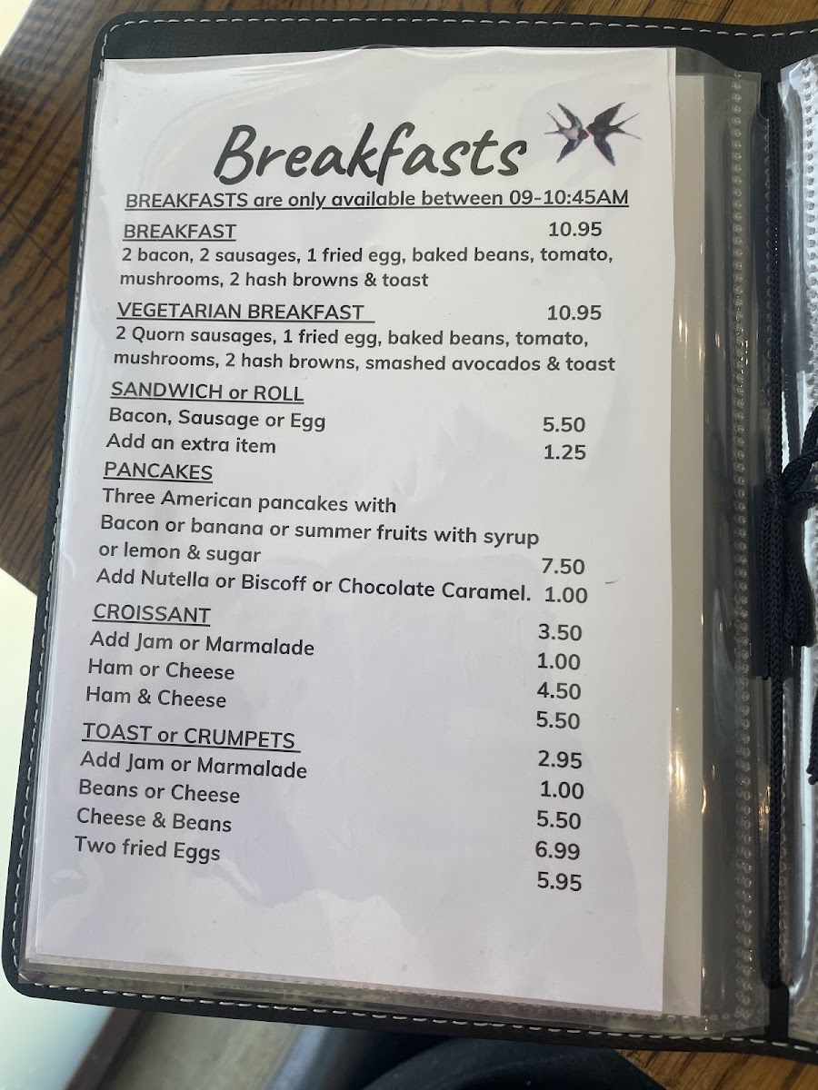 Swallows Coffee Shop menu board